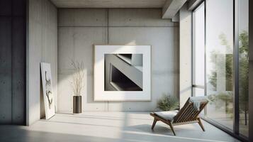 Highly detailed photography of a minimal interior with a picture frame mockup. Generative AI photo