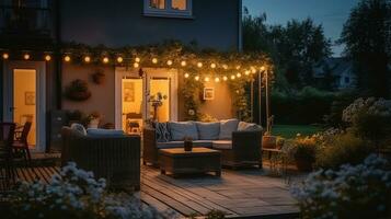 Enjoying the Tranquil Beauty of a Suburban House's Garden on a Summer Evening. Generative AI photo