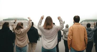 Protest and human rights concept - group of angry people protesting on demonstration over white background. Generative AI photo