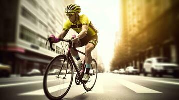 Racing cyclist on street, daylight, gradient from magenta to yellow. Generative AI photo