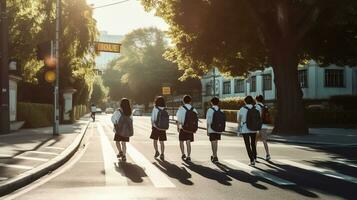 Journey of Knowledge, Students in School Uniforms, Braving the Road to Education. Generative AI photo