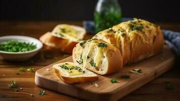 Savory Delights, Garlic, Cheese, and Herb Bread Stealing the Spotlight on the Kitchen Table. Generative AI photo