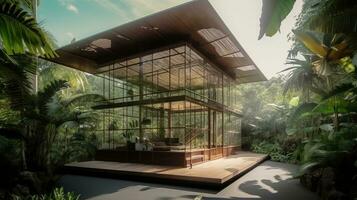 Tropical oasis indoor outdoor living modern glass house in rainforest nature. Generative AI photo