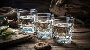 tradicional griego vodka - ouzo en Disparo lentes en rústico madera antecedentes. generativo ai foto
