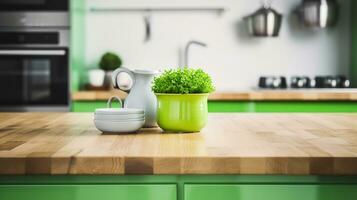 Natures Touch, Wooden Table Gracing the Green Modern Kitchen Bench, Infusing Organic Vibes. Generative AI photo