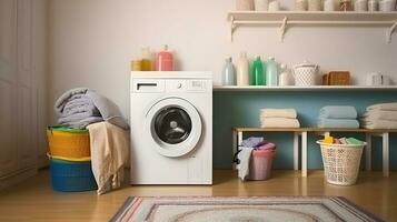 Laundry room with loaded washing machine, detergent bottles and textile. Generative AI photo