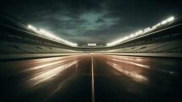 carrera pista arena con focos vacío carreras pista con tribunas, disparo en el medio de el carreras pista y comenzando punto, generativo ai foto