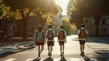 estudiantes en uniformes y mochilas cruzar el la carretera en su viaje a escuela. generativo ai foto