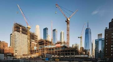 Tall buildings under construction and cranes under a blue sky in Central City. Generative AI photo