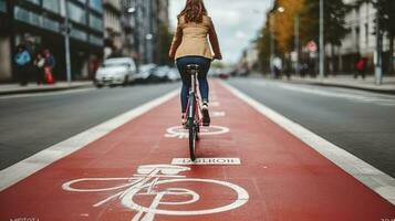 A Woman Cycling Along the Red Bike Lane, Following the Trail of Bicycle Signs. Generative AI photo