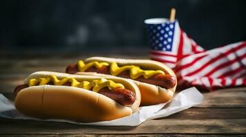 USA national holiday Labor Day, Memorial Day, Flag Day, 4th of July - hot dogs with ketchup and mustard on wood background, Generative AI photo