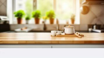 Wooden table top on blur kitchen room and window background. Generative AI photo