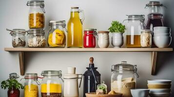 Various food ingredients and utensils on kitchen shelves isolated. Generative AI photo