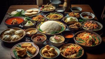 mesa lleno de indonesio platos, padang estilo. generativo ai foto