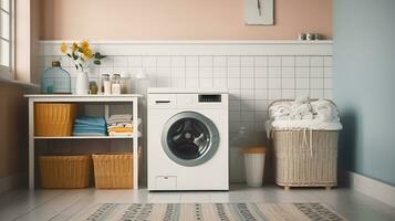 Washing Wonders, The Ultimate Laundry Haven for Sparkling Fabrics. Generative AI photo