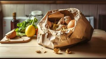 Composting concept - kitchen leftovers in paper bag, copy space. Generative AI photo