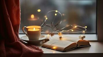 Cup with mesh tea infuser ball, books, garland lights and candle burning on window sill at home. Generative AI photo