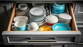 Discover the Exquisite Set of Tableware Nestled in the Kitchen Drawers. Generative AI photo