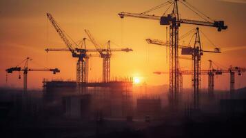 Tower Cranes at Sunset, Unveiling the Beauty of a Dynamic Construction Site. Generative AI photo