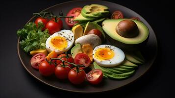 nutritiva delicias, un vibrante plato de aguacates, Tomates, huevos, y saludable bondad, generativo ai foto