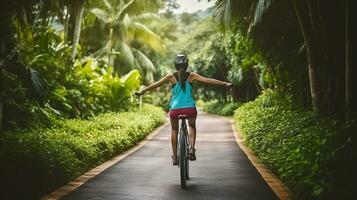 Woman feel free cycling on tropical park trail in summer, Generative AI photo