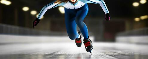 Short Track Athlete Dominating the Ice Rink with Swift Precision. Generative AI photo