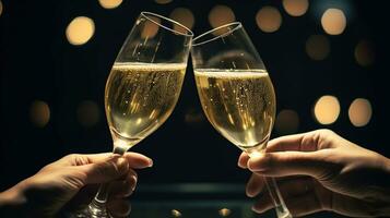 dos lentes de champán conmovedor cada otro y tostado a noche nuevo años fiesta celebracion. generativo ai foto