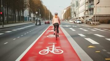 Traffic, city transport and people concept - woman cycling along red bike lane with signs of bicycles on street. Generative AI photo