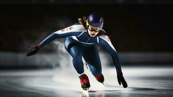 Short Track Athlete Slicing Through Ice with Lightning Agility. Generative AI photo