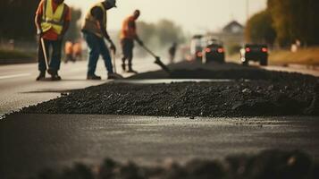 Road workers with shovels in their hands throw forked asphalt on a new road. Road service repairs the highway. Generative AI photo