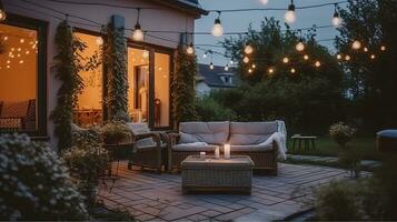 Twilight Tranquility, Summer Evenings on the Terrace of a Beautiful Suburban House, Adorned with Wicker Furniture and Delicate Lights. Generative AI photo