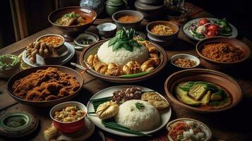 sabores de Indonesia, un banquete de estilo padang delicias adornando el mesa. generativo ai foto