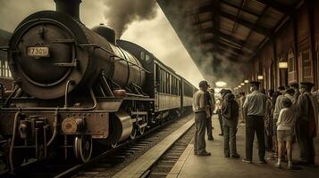 viaje a el pasado, nostalgia y aventuras a el Clásico tren estación, generativo ai foto