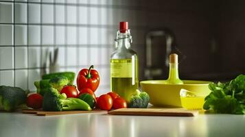 Vegetables, oil and scraper on kitchen counter background. Generative AI photo