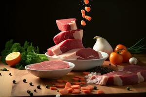 Product view, raw meat, fresh steak, chicken and vegetables in the background he whole is very appetizing, natural light source. Generative AI photo