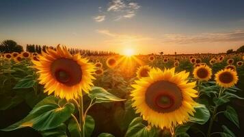 Golden Embrace, Sunflowers Basking in the Sunset Glow on a Vast Field, Generative AI photo