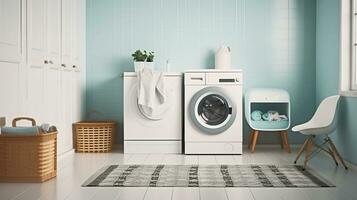 Washing Wonders, The Ultimate Laundry Haven for Sparkling Fabrics. Generative AI photo