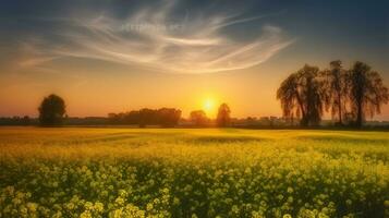 amarillo colza campo pintado en contra un asombroso azul puesta de sol cielo. generativo ai foto