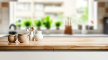 Wooden table top on blur kitchen room and window background. Generative AI photo