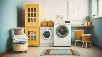 Laundry room with loaded washing machine, detergent bottles and textile. Generative AI photo