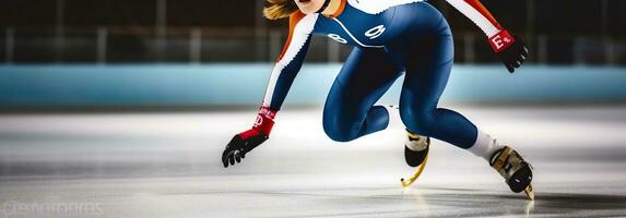 Short Track Athlete Dominating the Ice Rink with Swift Precision. Generative AI photo