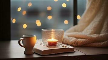 Cup with mesh tea infuser ball, books, garland lights and candle burning on window sill at home. Generative AI photo