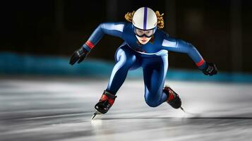 Short Track Athlete Slicing Through Ice with Lightning Agility. Generative AI photo