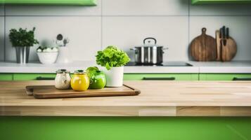 Wooden table on green modern kitchen bench interior background. Generative AI photo