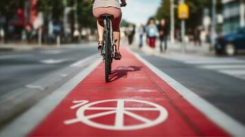 A Woman Enjoying the Red Bike Lane, Guided by the Bicycle Signs on the Street. Generative AI photo