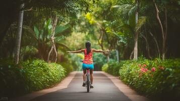 un mujer ciclismo en un tropical parque camino, abrazando el verano vibras. generativo ai foto