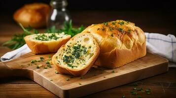 Tasty bread with garlic, cheese and herbs on kitchen table. Generative AI photo