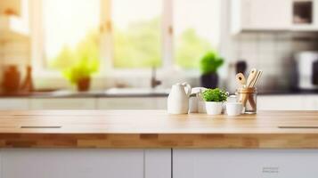 Wooden table top on blur kitchen room and window background. Generative AI photo