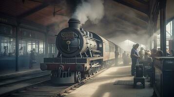 viaje a el pasado, nostalgia y aventuras a el Clásico tren estación, generativo ai foto