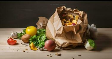 compostaje concepto - cocina sobras en papel bolsa, Copiar espacio. generativo ai foto